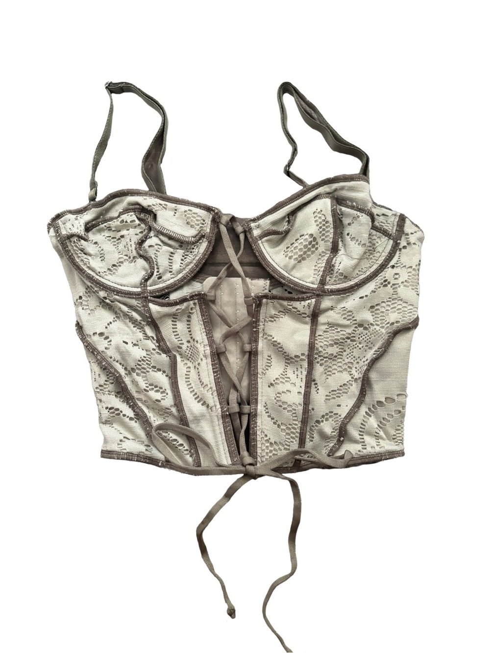 Urban Outfitters Lace Bustier Crop Top in Light Beige with Taupe Trim - Picture 1 of 3